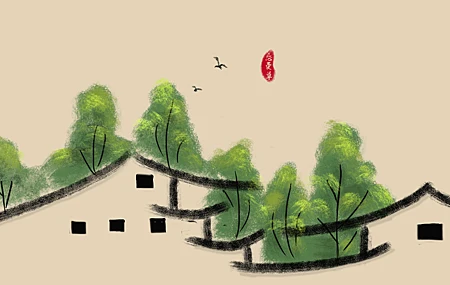 绝美小屋舍 柳树 国风 忘忧草 手绘 5K 风景 桌面 壁纸 5120×2880