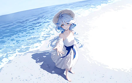 芙宁娜 海边动漫 女孩 白色连衣裙 蓝色长发 手机壁纸 3840×2160