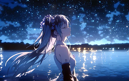超清初音未来 湖畔 星辰 4K 动漫 女孩 美女 桌面壁纸 3840×2160