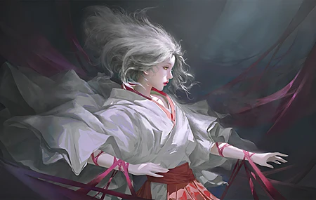 古风 少女 白发 白色衣服 唯美 丝带 红色丝带 飘逸 红色绑带 4K壁纸 3840×2160