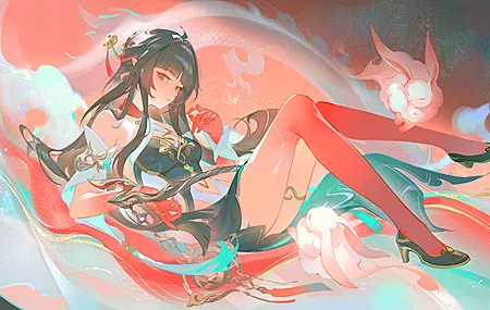 全身 黑发 红眼 刘海 本岛 星铁 灵莎 动漫 女孩 高跟鞋 简单背景 兔子 动物 头饰 流苏 汉服 幻想 高清壁纸 3859×2170