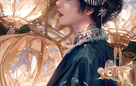 黑发 女性 短发 数字 绘画 肖像 汉服 灯笼 头饰 手机 壁纸 5979×8166