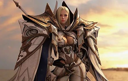 女人 骑士 长发 金发 站立 女战士 CGI 盔甲 垫肩 模糊背景 天空 紫色眼睛 日落 光芒 黑手套 壁纸 3840×2880