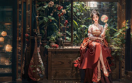 古风 美女 扇子 红色裙子 室内 绿色植物 鲜花 团扇 灯笼 花田 花园 壁纸 3840×2160