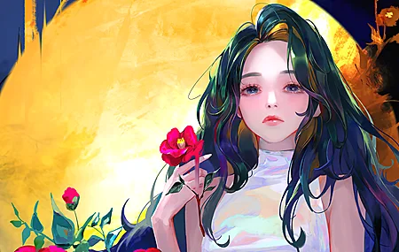 长发 动漫 女孩 鲜花 AI艺术 4K高清壁纸 3840×2160