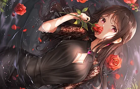 热门仰卧 长发 动漫 女孩 水 花 花瓣 衣服 腮红 无水印壁纸 4762×3865