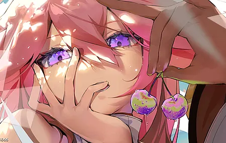 原神 粉色头发 狐狸耳朵 狐耳 脸 单瓣 长发 樱桃 紫色眼睛 狐狸少女 兽耳 手势 珠宝 高领毛衣 水果 食品 动漫 女孩 耳环 斑驳的阳光 阳光 壁纸 6000×2380