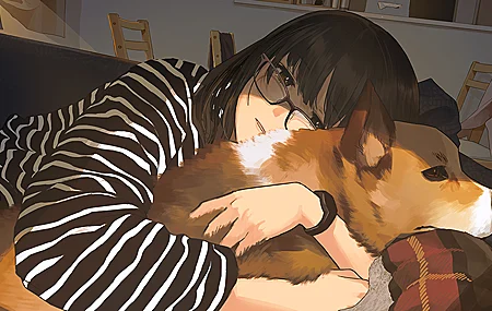 黑发 室内 女人 拥抱 动漫 女孩 棕色眼睛 狗 柯基犬 条纹衣服 眼镜 动物 高清壁纸 3840×2160