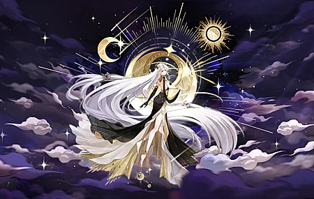 长发 白发 红眼睛 动漫 女孩 云 月亮 太阳 光环明星 手机壁纸 3840×2160