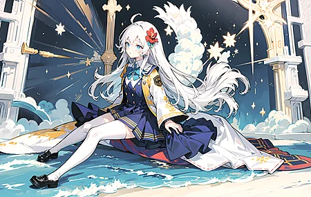 女学生 长发 校服 连衣裙 艺术 动漫 女孩 蝴蝶结 头发上花 长袜 水 星星 裙子 4K高清壁纸 3840×2328
