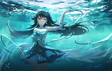 长发 动漫 女孩 水下 水中 裙子 耳环 泡泡 4K高清壁纸 9743×6000