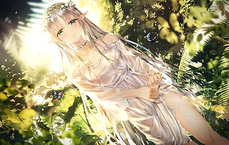 精选梦幻 女孩 绿眼睛 小精灵 长发 动漫 兽耳 银发 连衣裙 无水印壁纸 4500×2894