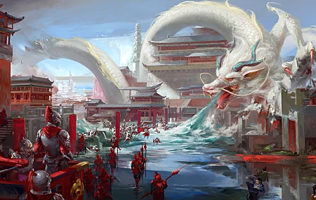 绘画 奇幻艺术 生物 龙 水 中国龙 古建筑 士兵 奇幻 龙王庙 壁纸 8882×4073