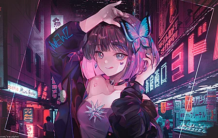 热门动漫 女孩 画中画 蝴蝶 夜晚 商店 小巷 高清壁纸 3840×2160