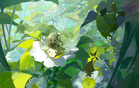 唯美小翼 绿色眼睛 绿色头发 马尾 树叶 动漫 女孩 生物 白色连衣裙 鲜花 漂浮 草地 户外 小精灵 花仙子 迷你人 小人 拇指人 高清壁纸 3912×2629