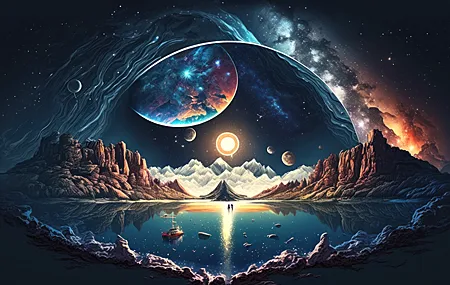 艺术 插图 行星 空间 水 倒影 船 星星 4K高清壁纸 4579×2616
