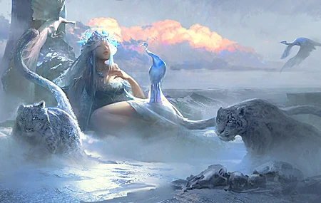 超清女人 奇幻 女孩 闭眼 插图 山海经 动物 哺动物 大型猫科 鸟类 豹 孔雀 高清壁纸 5000×2313