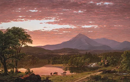 风景 绘画 自然 画布 树木 云 日落 山 牛 河 壁纸 6000×3375