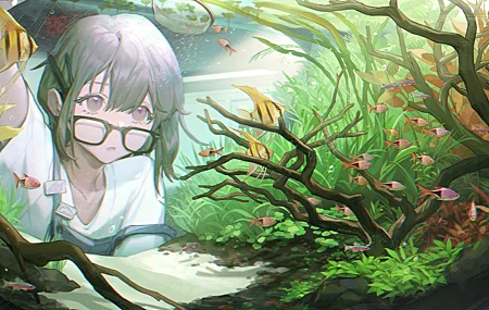 深色头发 短发 灰色眼睛 动漫 女孩 眼镜 鱼 水族馆 铅笔 时钟 4K高清壁纸 6414×3000