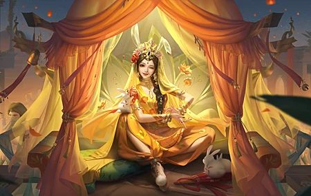 热门电子 游戏 人物 幻想 女孩 坐着 女人 幻想艺术 兔子 动物 兔耳朵 黄色连衣裙 连衣裙 高清壁纸 5659×2880