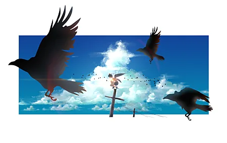 热门天空 乌鸦 云 翅膀 动漫 女孩 电线杆 高处 高清壁纸 6604×3100