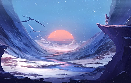 经典艺术品 雪 日落 山脉 风景 河流 壁纸 5200×3200