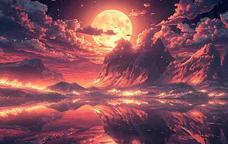 天空 云 月亮 数字艺术 倒影 喷发 满月 红月 亮 火山 夜 风景 自然 壁纸 3840×2160