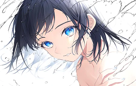 高清黑头发 蓝眼睛 肩膀 小川 动漫 女孩 水 壁纸 5300×2980