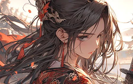 长发 女人 人工智能 古风 耳环 武器 战士 女战士 英雄 将士 国风 壁纸 5824×3264