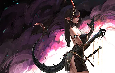 女人 幻想 女孩 大腿 深色头发 长发 剑 武器 幻想艺术 兽耳 尾巴 生物 爪子 无水印壁纸 3840×2716