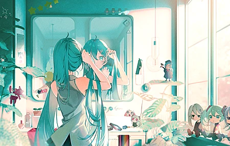 长发 蓝头发 蓝眼睛 初音 动漫 小提琴 女孩 双尾 镜子 倒影 窗户 阳光 4K高清壁纸 3840×2160