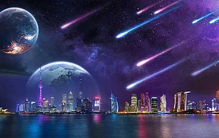 城市 灯光 塔楼 建筑 摩天 大楼 AI艺术 现实 照片处理 水 海洋 霓虹灯 彗星 空间 伽利 行星 夜晚 星星 风景 景观 奇幻艺术 4K壁纸 3840×2160