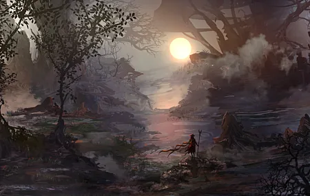 战士 孤独 英雄 奇幻艺术 自然 树木 薄雾 太阳 风 沼泽 壁纸 6600×3600