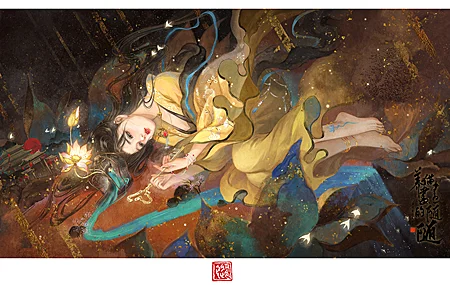 高清穗穗 女人 深色头发 长发 赤脚 奇幻女孩 奇幻艺术 钥匙 黄色衣服 红色口红 4K壁纸 4000×2514