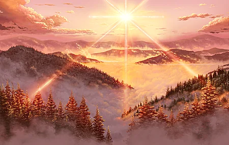 AI艺术 插图 风景 山脉 森林 树木 太阳 天空 云 阳光 自然 日落 夕阳辉光 4K高清壁纸 4000×2250