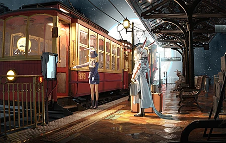 女孩 火车 火车站 兔耳朵 动漫 夜晚 明星 手机壁纸 5223×2621