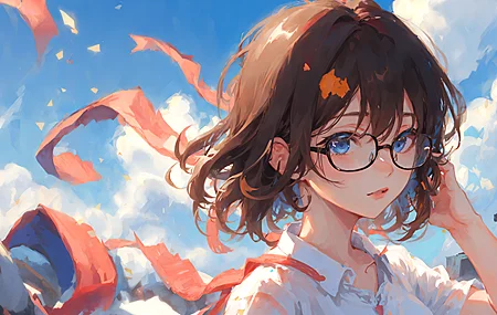 绚丽短发 动漫 女孩 眼镜 艺术 云 高清壁纸 3840×2160
