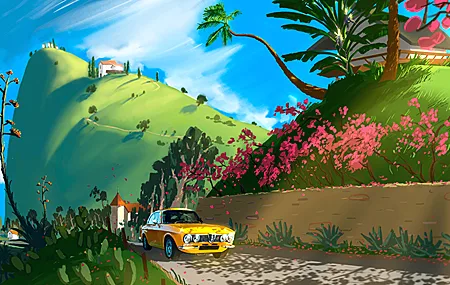 绚丽风景 黄色 汽车 鲜花 粉花 数码 绘画 草地 景深 丘陵 艺术 无水印壁纸 3840×2160