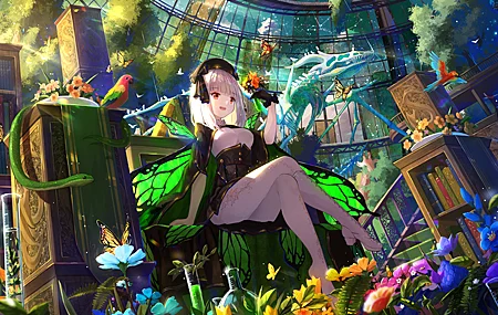 金发 红眼睛 坐着 动漫 女孩 蛇 花 蝴蝶 翅膀 鸟 帽子 数码艺术 裤袜 4K壁纸 4939×2709
