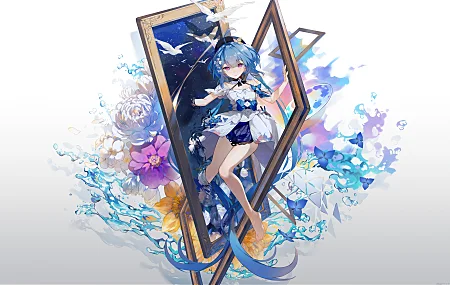 蓝色头发 赤脚 动漫 女孩 紫色眼睛 白色 连衣裙 绘画 帽子 水 花 白色背景 简单背景 4K壁纸 9396×5960