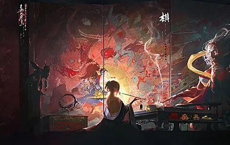 奇幻 女孩 民俗 绘画 奇幻艺术 国际象棋 汉字 高清壁纸 3840×2160