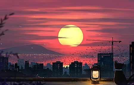 经典于净 猫 灯笼 建筑 屋顶 起重机 机器 山 天际线 太阳 夕阳 水 云 城市 景观 风景 鸟 壁纸 3840×2244