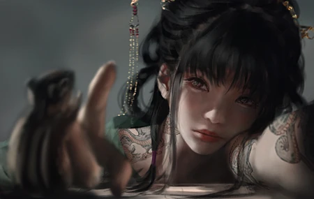 高清女人 幻想 女孩 脸 墨水 幻想艺术 AI艺术 黑发 桌面壁纸 8000×4394