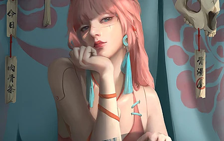 女人 长发 粉色头发 蓝眼睛 春秋 骨架 壁纸 3840×3632