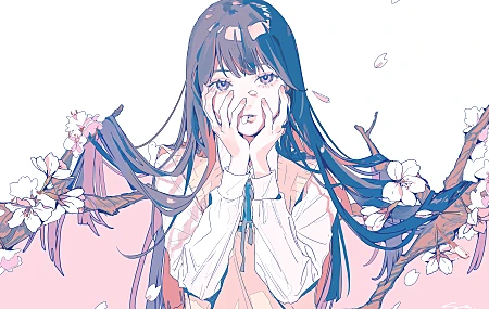 长发 动漫 女孩 鲜花 花瓣 樱花 4K高清壁纸 8743×5791