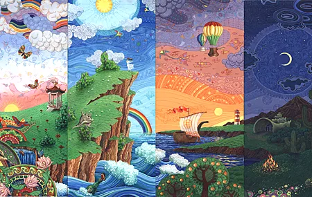 超清图片 云 AI艺术 风景 船 绘画 阳光 绘图 自然 热气球 荷花 蝴蝶 太阳 桌面壁纸 5184×2910
