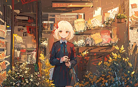 绚丽微笑 短发 女学生 动漫 女孩 校服 鲜花 植物 人工智能 图书馆 花店 花 4K壁纸 4095×2302