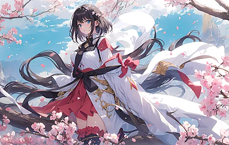 长发 短发 深色头发 艺术 迷你裙 连衣裙 樱花 发饰 花瓣 花朵 树枝 天空 风 动漫 女孩 壁纸 3840×2160