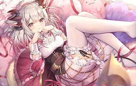 绚丽动漫 女孩 蜂蜜 兽耳 角 银发 棕色眼睛 尾巴 大腿 手机壁纸 4093×2894