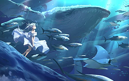 原创 人物 长发 蓝色头发 女孩 动漫 海洋 鱼 水下 鲸鱼 服装 4K高清壁纸 3840×2160